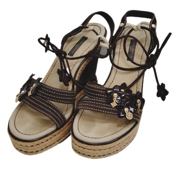 Louis Vuitton Brown Suede/Patent Leather Logo Charms Wedge Sandals Sz 36.5 -6.5 - Picture 4 of 16